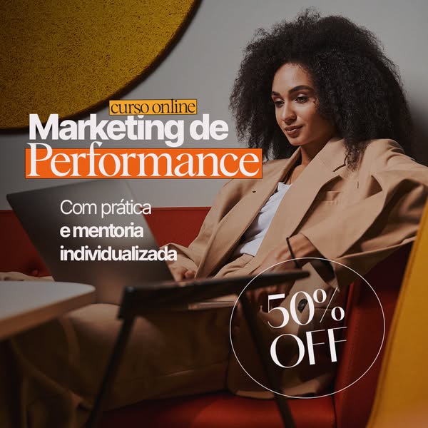 The image promotes an online marketing course. The image features a woman working on her laptop, with text that highligh