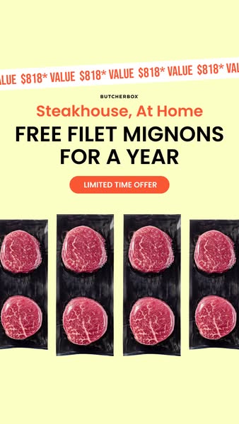 This image ad promotes ButcherBox and highlights a limited time offer of free filet mignons for a year. The ad features 