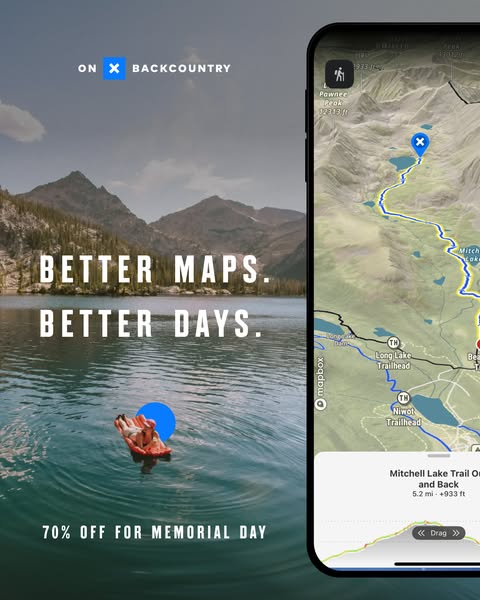 This ad for OnX Backcountry promotes better maps for better days using their app. The ad features a scenic view of a lak