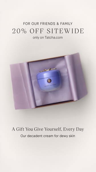 Image ad for Tatcha skincare featuring the brand's cream in its packaging set inside of a gift box. The ad is promot