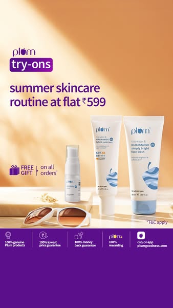 This ad promotes Plum's summer skincare routine at a flat price of ₹599, offering a free gift on all orders. It emph