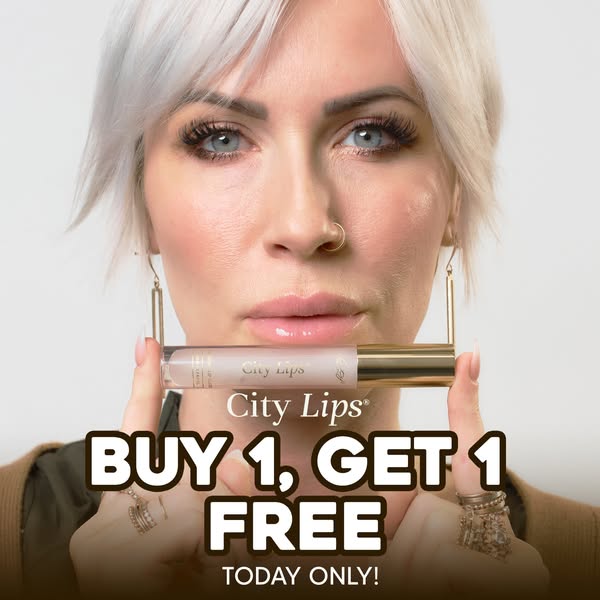 This image ad shows a woman with fair skin and gray hair holding City Lips lip plumper up to her lips with the text, “Bu