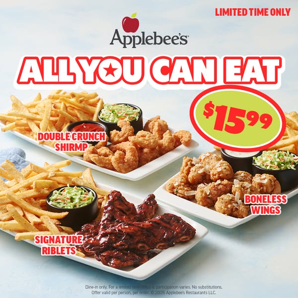 This ad for Applebee's promotes their all-you-can-eat special for $15.99. The image shows platters of double crunch