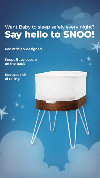 This ad for the Snoo bassinet features a blue background with clouds and stars, and the headline asks "Want Baby to