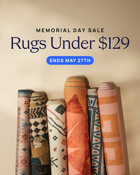 This ad promotes a Memorial Day sale on rugs, all priced under $129, with the sale ending May 27th. Several rolled rugs 