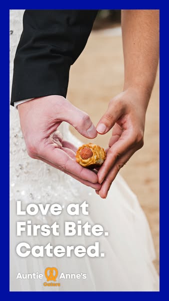 This image ad promotes Auntie Anne's catering services, focusing on their pretzel dogs being served at weddings. The