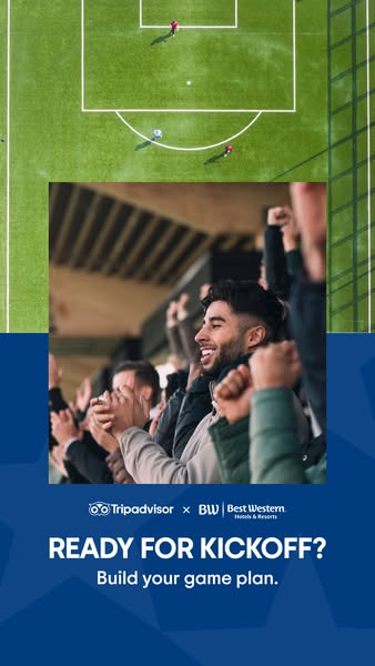 This image ad features a partnership between TripAdvisor and Best Western Hotels & Resorts, targeting soccer fans wh