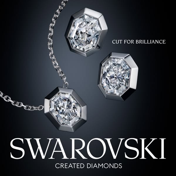 This image ad showcases Swarovski Created Diamonds jewelry, specifically a necklace and stud earrings, emphasizing the b