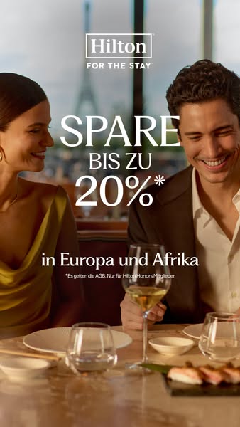 This image ad showcases the Hilton brand, advertising a promotion where Hilton Honors members can save up to 20% on book