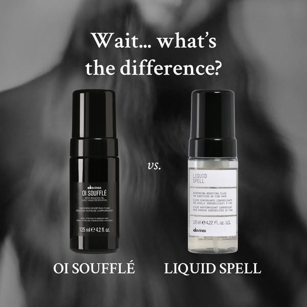 This image ad for Davines compares two hair products, OI Soufflé and Liquid Spell, using a question to engage the audien