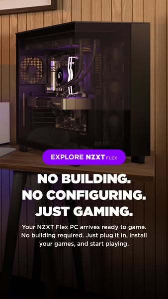 This ad promotes the NZXT Flex PC, emphasizing its pre-built nature and ease of use for gaming. It highlights the benefi
