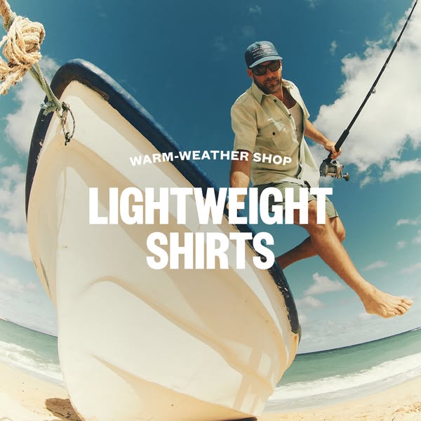 This image ad promotes lightweight shirts in a warm weather shop. It features a man holding a fishing rod, standing in a