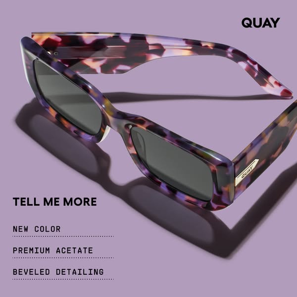 A close-up shot of Quay sunglasses against a solid lavender background. The ad highlights the sunglasses' new color,