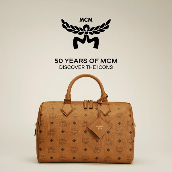 This ad showcases an MCM handbag to celebrate 50 years of the brand.