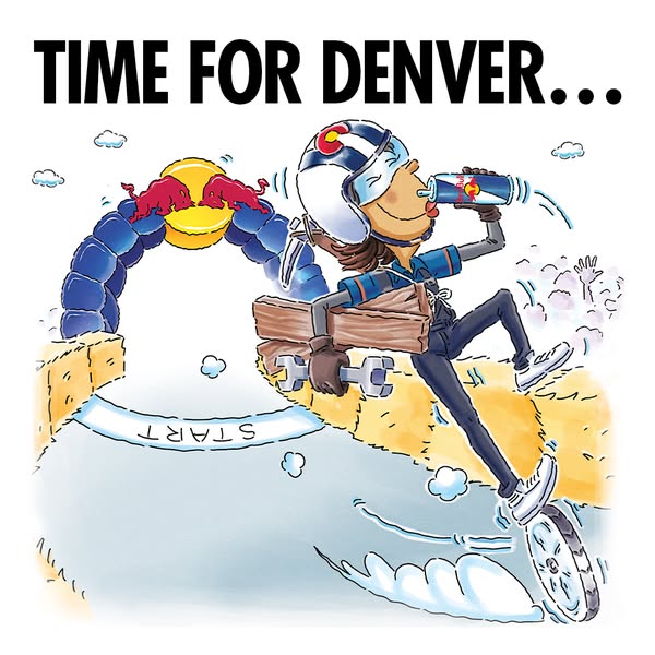 This image ad features a cartoon-style drawing of a person riding a homemade go-kart and drinking a Red Bull, with the t