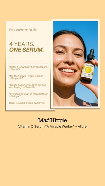 This image ad features a woman holding Mad Hippie Vitamin C serum against a blue sky. Text on the left highlights custom