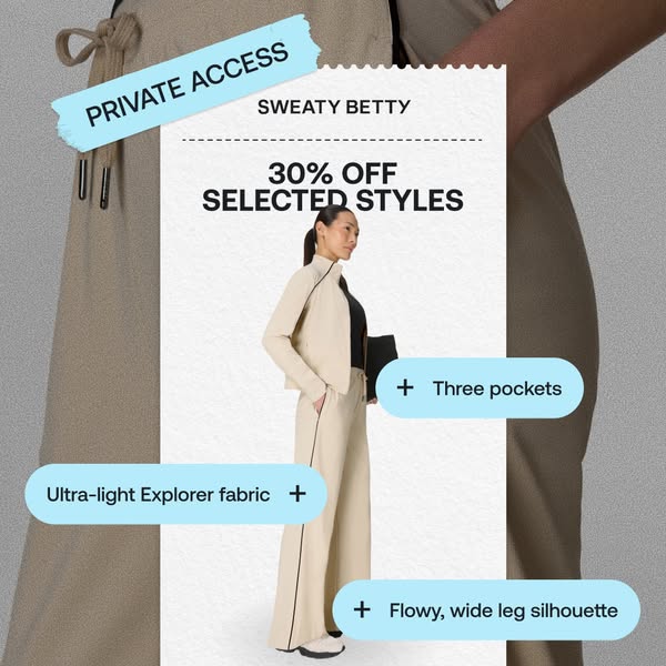An advertisement for Sweaty Betty apparel, featuring a cream-colored jacket and pants set. The ad highlights the apparel
