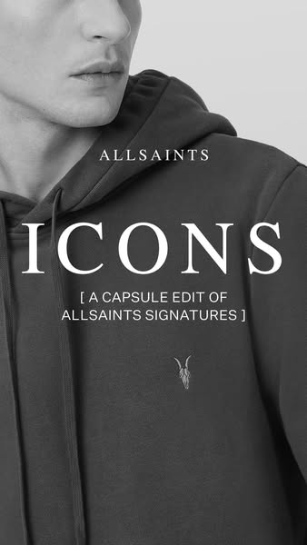 This image ad promotes Allsaints' Icons, a capsule edit of the brand's signature styles. The ad features a close