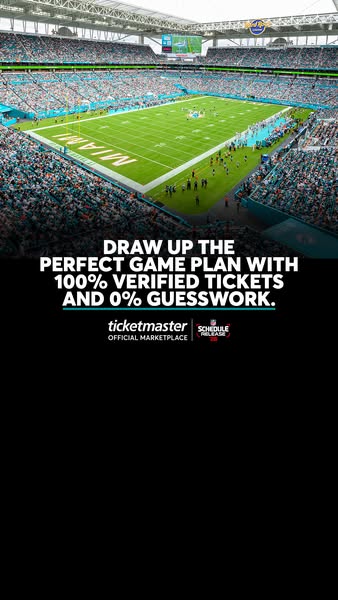 This image ad for Ticketmaster uses a high-angle view of a football stadium to promote the availability of verified tick