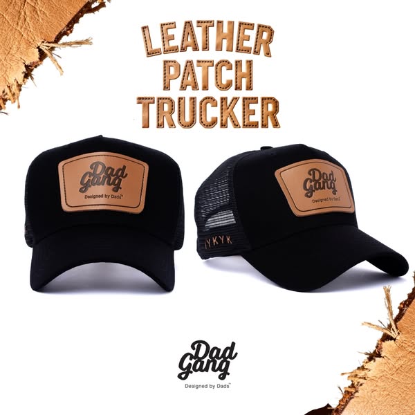 This ad showcases the brand Dad Gang's 'Leather Patch Trucker' hat. The ad is cleanly shot and uses a unique