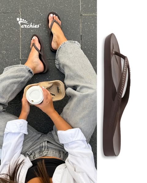 This Archies ad features a woman sitting on the ground with the brand's flip flops on and a drink in her hand, along