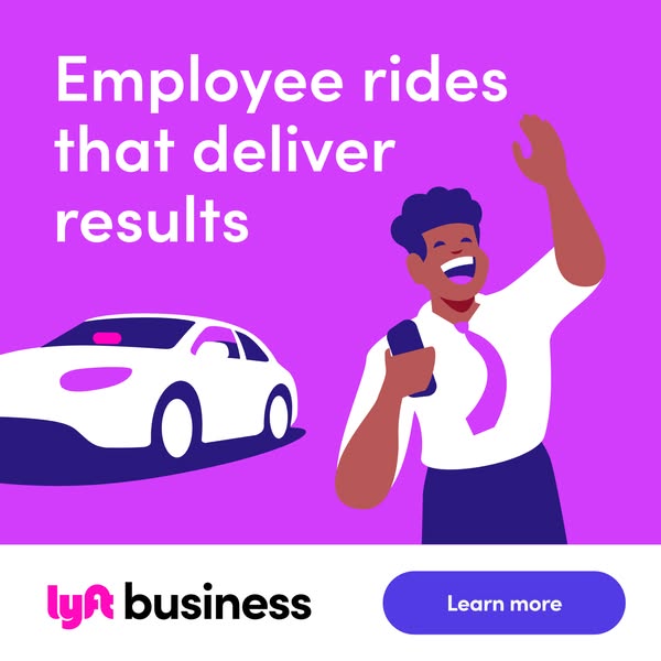 This is a paid social media ad for Lyft business featuring a cartoon image of a man standing next to a white car. The ad