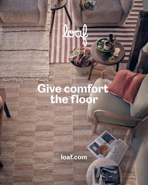 A lifestyle image showcasing several different rugs and home decor items from Loaf. The shot is taken from overhead, emp