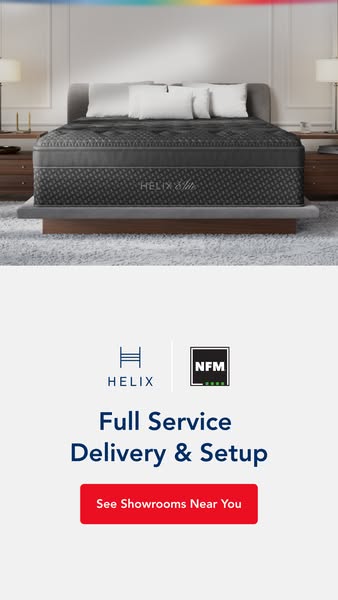 This image ad for Helix Sleep features a Helix Elite mattress on a bed frame in a bedroom setting. The ad highlights ful