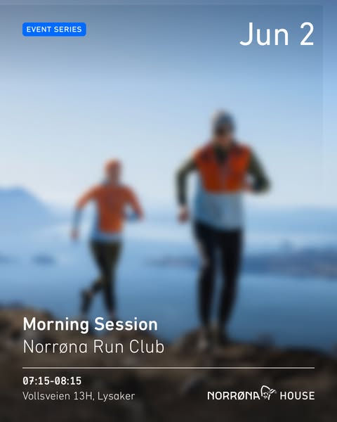 This image is an advertisement for a morning run session with the Norrøna Run Club on June 2nd. The ad provides details 