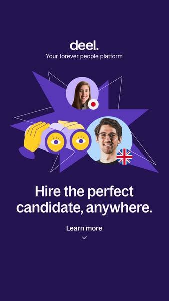 This ad for Deel, a people platform, uses a visual of binoculars to represent the ability to find the perfect candidate 