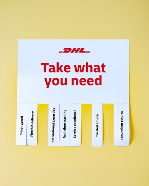This ad uses the visual of a tear-off flyer to communicate the flexibility and variety of DHL's services. The headli