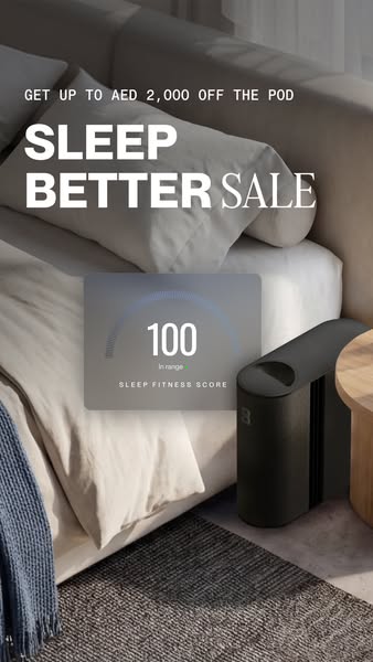 The ad features a bed with the Eight Sleep Pod product, advertising a sale.