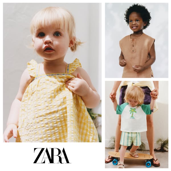 A square image ad for Zara featuring three different images of children wearing Zara brand clothing.