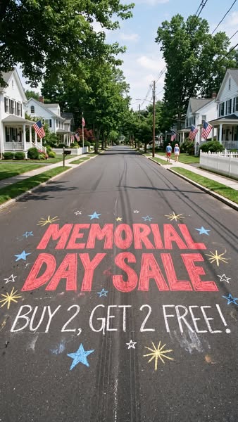 This image ad shows a Memorial Day Sale sign painted on a street in a suburban neighborhood.