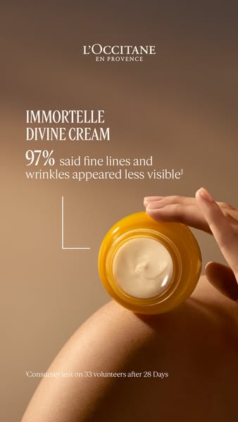 This ad promotes L'Occitane's Immortelle Divine Cream and highlights that 97% of users reported a reduction in t