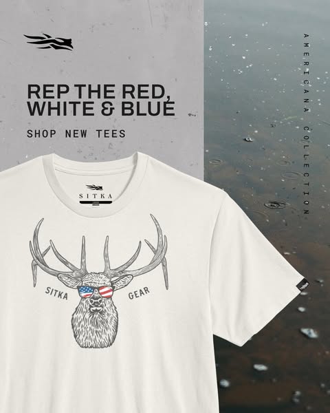 This image ad showcases the Sitka Gear brand and its new Americana Collection of tees, encouraging viewers to shop. The 