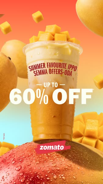 This ad promotes IPPO's Summer Favourite Mango Drink. The ad emphasizes a large discount of up to 60% off through th