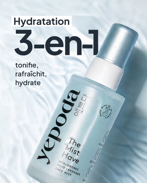 This ad is for Yepoda's hyaluronic acid lavender face mist, which is described as a 3-in-1 product that tones, refre