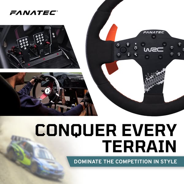 This image ad showcases the Fanatec WRC steering wheel for racing simulators. The ad uses a collage-style layout, combin