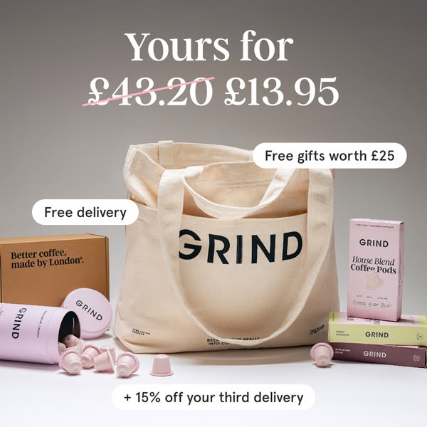 This ad promotes Grind coffee products, showcasing a bundle deal with a focus on cost savings and added incentives. The 