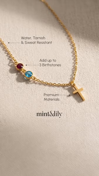 This ad showcases the Mint & Lily brand necklace and promotes its features. It highlights that the product is water,