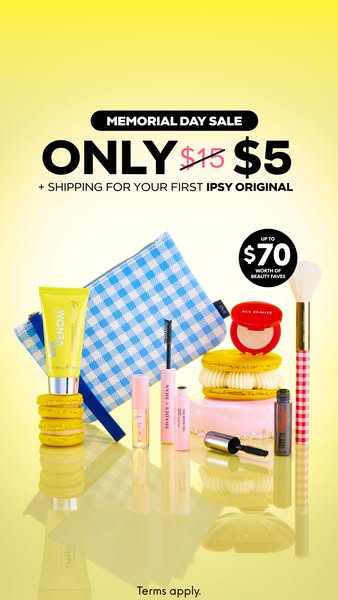 This image ad is promoting a Memorial Day Sale from IPSY. The sale includes the cost of the first IPSY original for $5. 