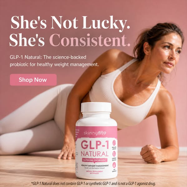 This image ad for SkinnyFit GLP-1 Natural positions it as a science-backed probiotic for healthy weight management and e