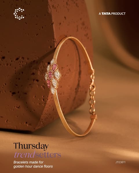This ad showcases a gold bracelet from CaratLane, which is part of the Tata product line. The bracelet features a diamon