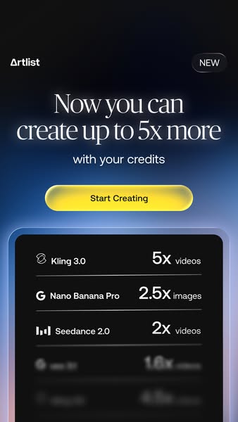 The ad highlights the ability to create more content with the Artlist platform credits by listing out different capabili