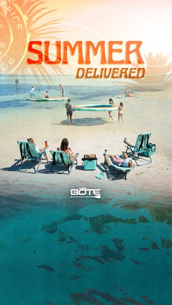 This ad for BOTE paddleboards features a beach scene in which people are enjoying the sun, sand, and water in various wa