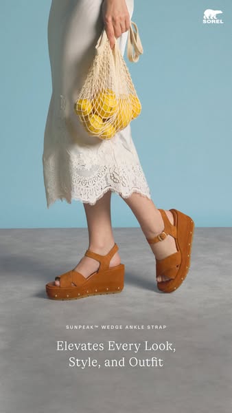 This ad shows the Sorel Sunpeak Wedge Ankle Strap shoe being worn, highlighting its ability to elevate a variety of look