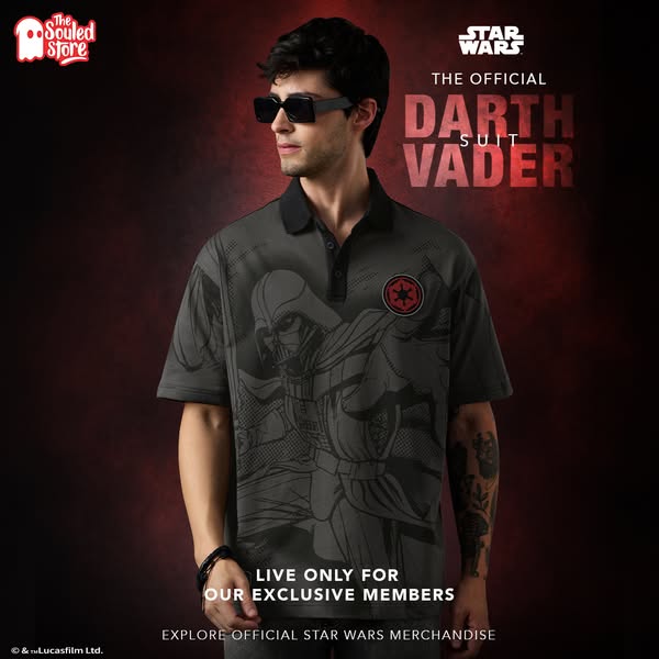 This is an image ad for The Souled Store featuring a gray polo shirt with a Darth Vader graphic. The shirt is part of th