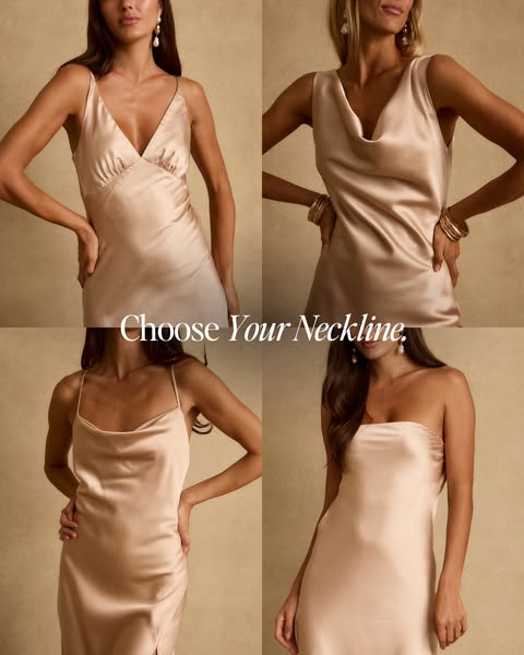 This image ad showcases a collage of women wearing various satin dresses with different neckline styles. The ad encourag