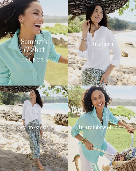 This image ad showcases clothing from Talbots. Four different photographs of women are shown. Two of the women are weari
